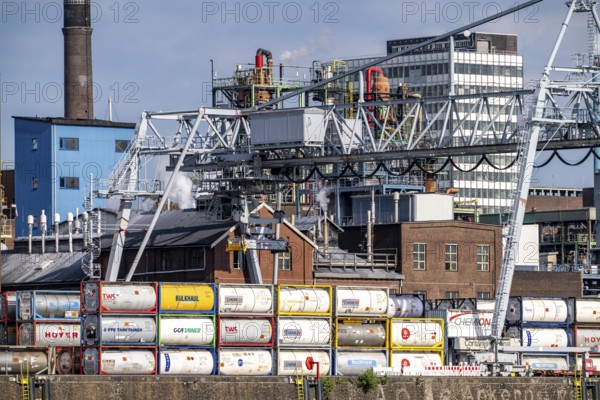 Scenery of Chempark Leverkusen, Bayer Leverkusen, chemical park, chemical plant, river Rhine, cargo