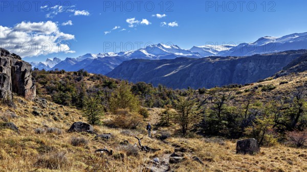 Picturesque mountain landscape with a hiker on a path under a clear sky, The landscape of Patagonia