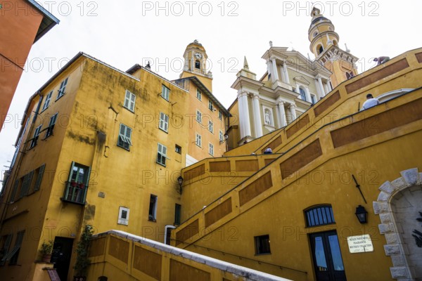 Town with colourful houses by the sea, Menton, Alpes Maritimes, Provence Alpes Cote d'Azur, French