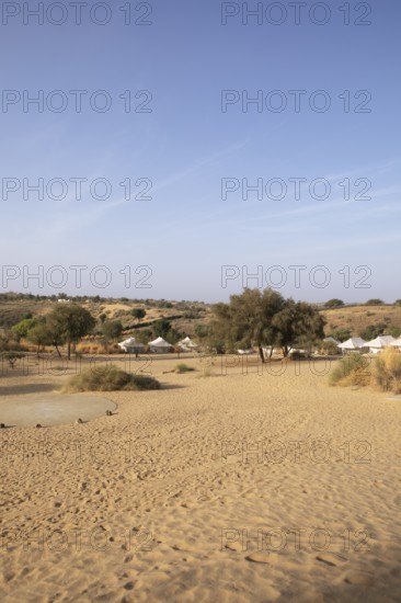 Desert camp or tented camp in the Thar Desert or Great Indian Desert, near Jaisalmer, Rajasthan,