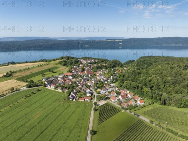 Luftbild vom Bodensee mit der Ortschaft Hödingen, am Horizont der Bodanrück, Überlingen,