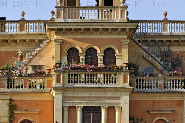 Magnificent city villa Palazzo Rosi with terraces, balconies, balustrades, stairs, arches, columns,