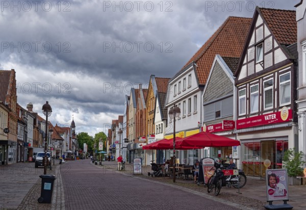 Buildings and shops in Lange Straße in the historic old town centre of Nienburg an der Weser.