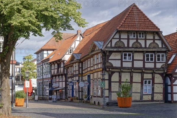 Half-timbered houses on the market square in the historic old town of Nienburg an der Weser.