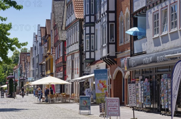 Half-timbered houses on Weserstrasse in the historic old town of Rinteln. Lower Saxony, Germany