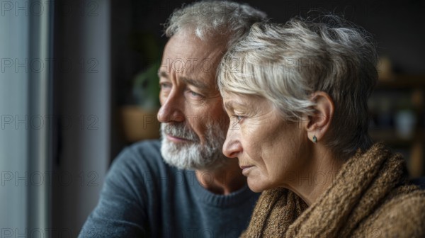 Senior couple grieving. Senior couple with health concerns or trouble in their lives or family, AI