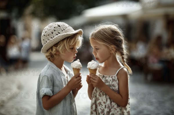 Closeup of a portrait of a children eating ice cream in hot summer day. Happy playful smiling
