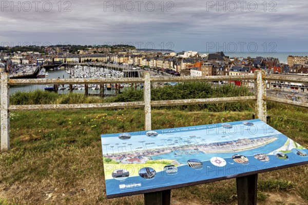 View from a viewpoint with information sign over a harbour and the coast, The harbour of Dieppe in