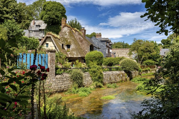 Picturesque village with half-timbered houses and thatched roofs, surrounded by lush nature and a