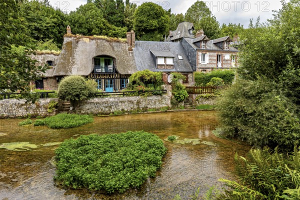 Idyllic river landscape with half-timbered house and lush gardens in the background, the historic