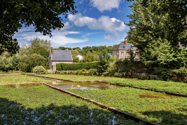 A sprawling green garden with water features and a house on the horizon under a blue sky, the