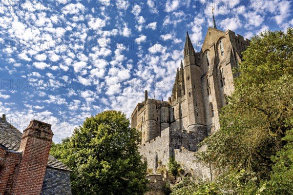 Medieval castle rises dramatically into the sky, framed by green trees and old buildings, Mont