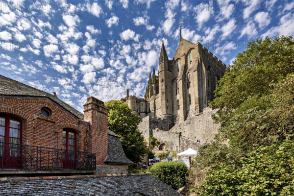 View of an imposing medieval castle against a cloudy sky, surrounded by green trees and old