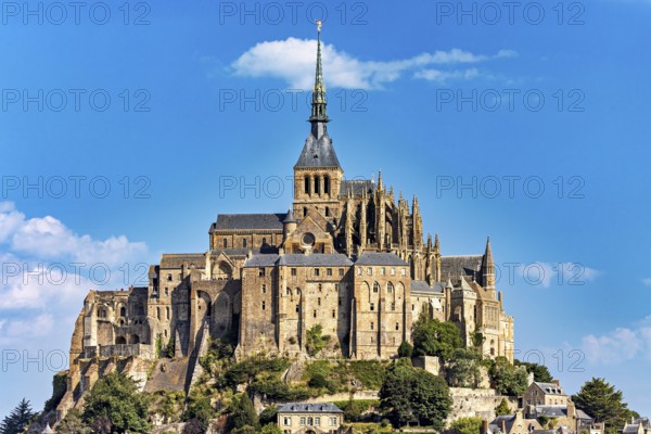 Close-up of the majestic architecture of Mont Saint-Michel in sunny weather, Mont Saint Michel in