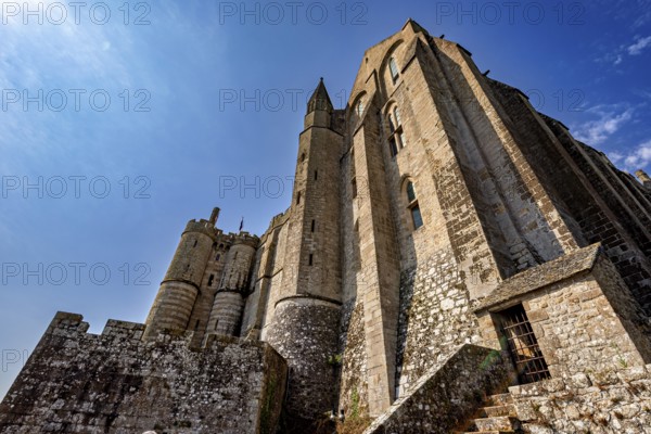 Close-up of the architecture of Mont Saint-Michel from a low perspective, Mont Saint Michel in