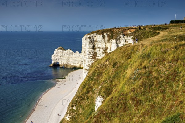 Panoramic view of the coastline with green cliffs and blue sea in sunny weather, The cliffs and
