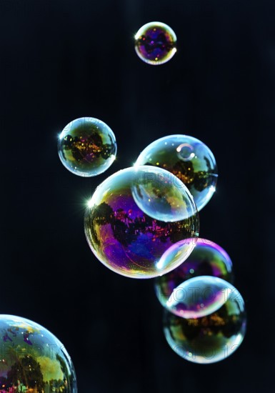 Iridescent soap bubbles in the colours of the rainbow against a black background, Recklinghausen,