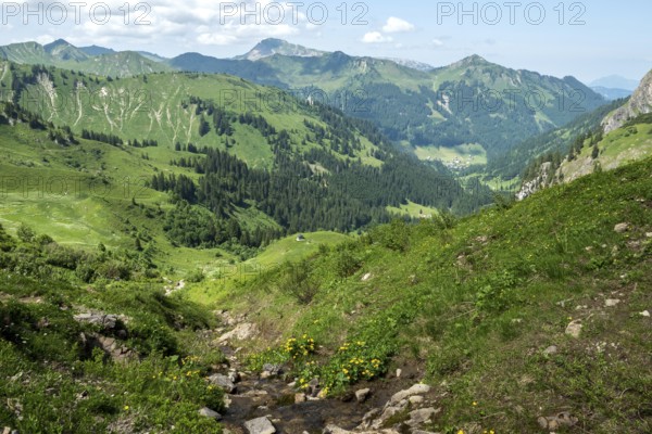 View from the hiking trail to the Hochalp Pass into Kleinwalsertal, behind Walmendinger Horn,