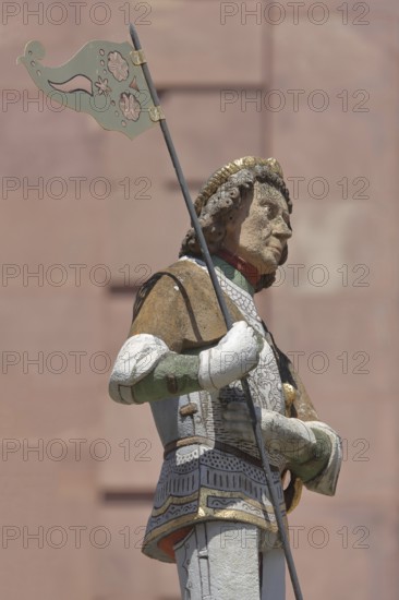 Sculpture of St George with lance, St George's Fountain, dragon slayer, detail, market fountain,