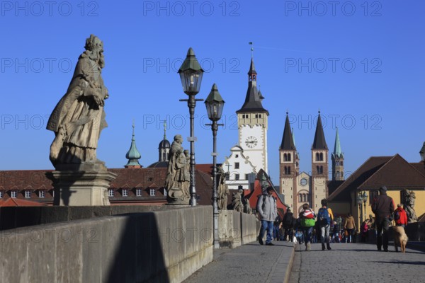 View over the Old Main Bridge to the Grafeneckart and St Kilian's Cathedral, Würzburg, Lower