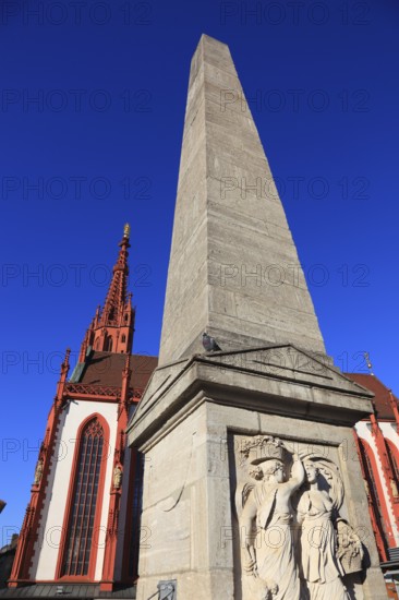 Obelisk, market fountain in the shape of an obelisk, Marienkapelle on the Würzburg market square,