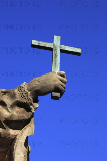 Detail of hand with cross, St John of Nepomuk on the Old Main Bridge, Würzburg, Lower Franconia,