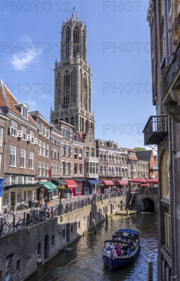 The old town centre of Utrecht, Oudegracht, around 2 km long with many old houses, cathedral tower,