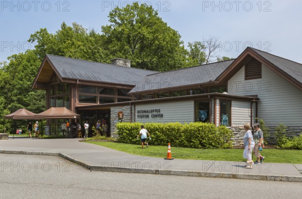 Exterior of the Oconaluftee Visitor Center at Great Smoky Mountains National Park near Cherokee,