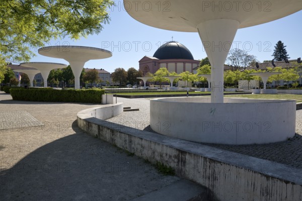 Georg-Büchner-Platz with white concrete mushrooms and St Ludwig's Church, public square, Darmstadt,