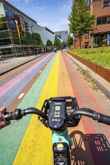 Rainbow cycle path through the university campus in Utrecht Science Park, 570 metres long, Utrecht