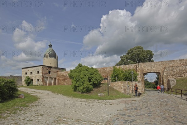 Neuenburg Castle with fortifications and Dicker Wilhelm tower, Freyburg, Romanesque Road,