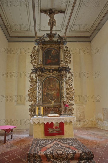 High altar of the baroque St Mary's Church, interior view, carpet, Gräfenhainichen, Saxony-Anhalt,