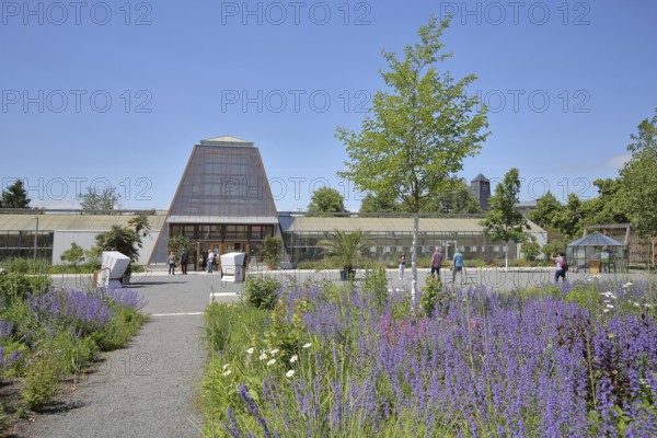 Strollers at the palm house in the spa gardens, tourists, pedestrians, Bad Dürrenberg,