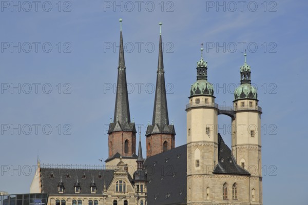 Late Gothic market church with two twin towers, four, towers, landmark, market square, Halle an der