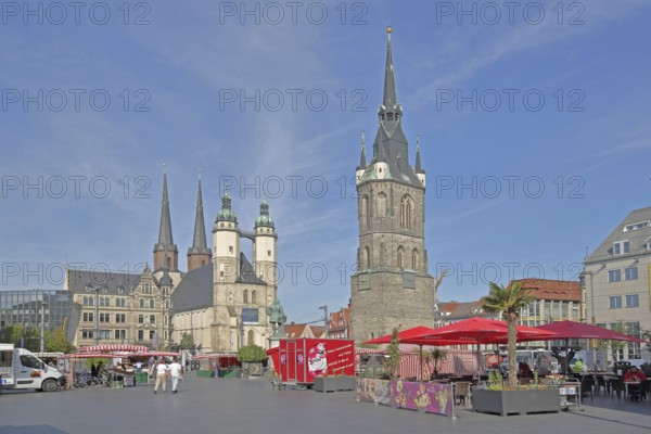 Market square with Red Tower and late Gothic market church with twin towers, landmark, people,