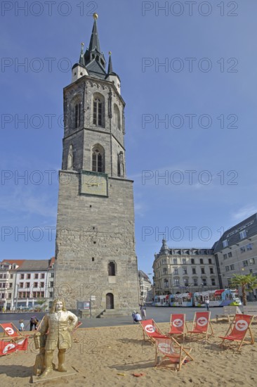 Red Tower with sandy beach and Händel statue, Georg Friedrich Händel, empty, deckchairs, beach,