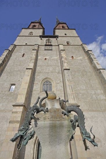 Late Gothic Market Church of Our Lady and Dragon Fountain, Renaissance, landmark, twin towers, view