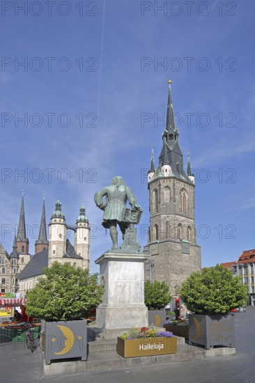 Market Square with Red Tower and Market Church with Twin Towers, Landmark, Handel Monument, Handel