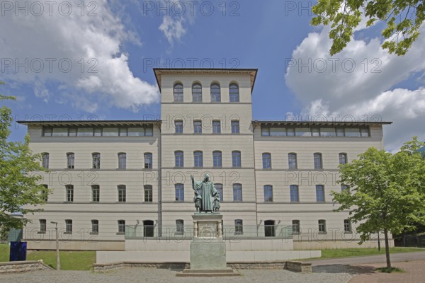 Montessori School with Francke Monument, August Hermann Francke, Halle an der Saale, Saxony-Anhalt,