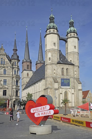 Market square with late gothic market church with twin towers, landmark, people, pedestrian,