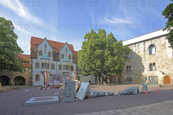 Art installation and sculptures in the inner courtyard of the art museum, Moritzburg, Halle an der