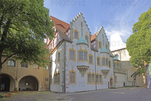 Inner courtyard of the historic Moritzburg built in 1484, building with oriel and stepped gableArt