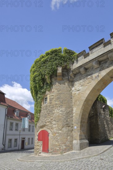 Historic Crooked Tor, city gate with archway, tower, city fortification, city wall, Merseburg,