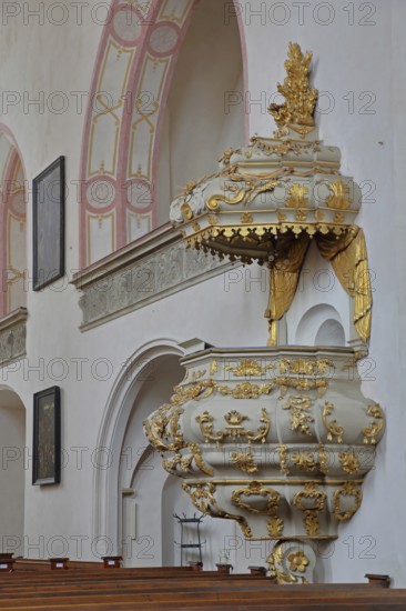 Pulpit with pulpit cover of the baroque town church, pulpit bonnet, sounding board, pulpit canopy,