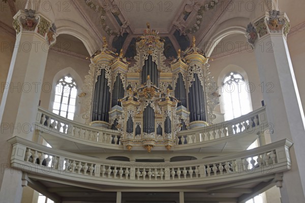 Organ of the baroque town church, pulpit dome, soundboard, pulpit canopy, interior view, St