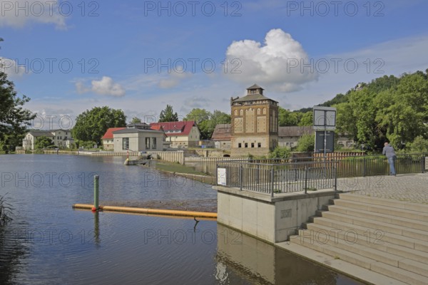 Barrage on the Saale with steps, bank with houses, Saale valley, Bad Kösen, Saale, Naumburg,
