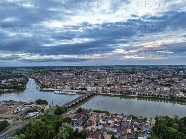 Twilight over Libourne from a drone, Gironde, Nouvelle-Aquitaine, Saint-Émilion and Pomerol,