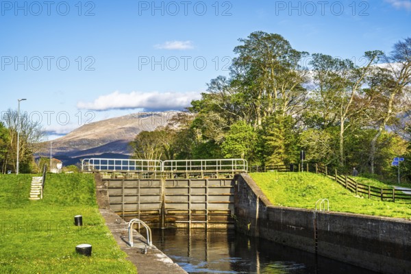 Caledonian Canal, Caol Beach and Nevis Range Mountains, Corpach, Fort William, Highland, Scotland,