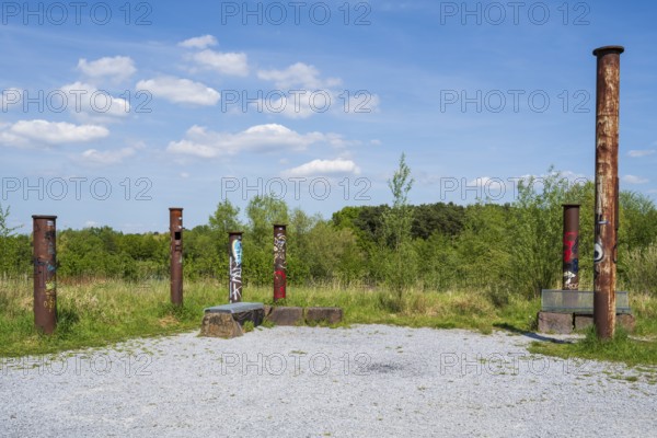 Stelae on the viewing platform at Lake Lippe, reservoir, Sande, Paderborn, Westphalia, North