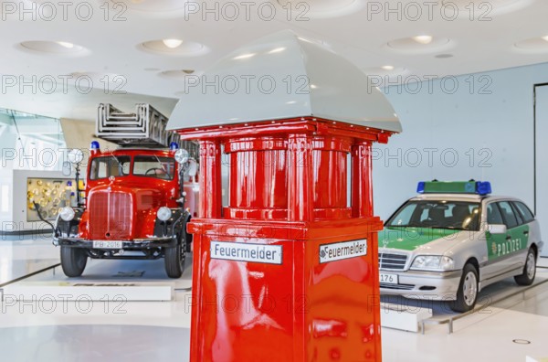 Gallery of helpers with rescue and police vehicles. The Mercedes-Benz Museum in Stuttgart presents